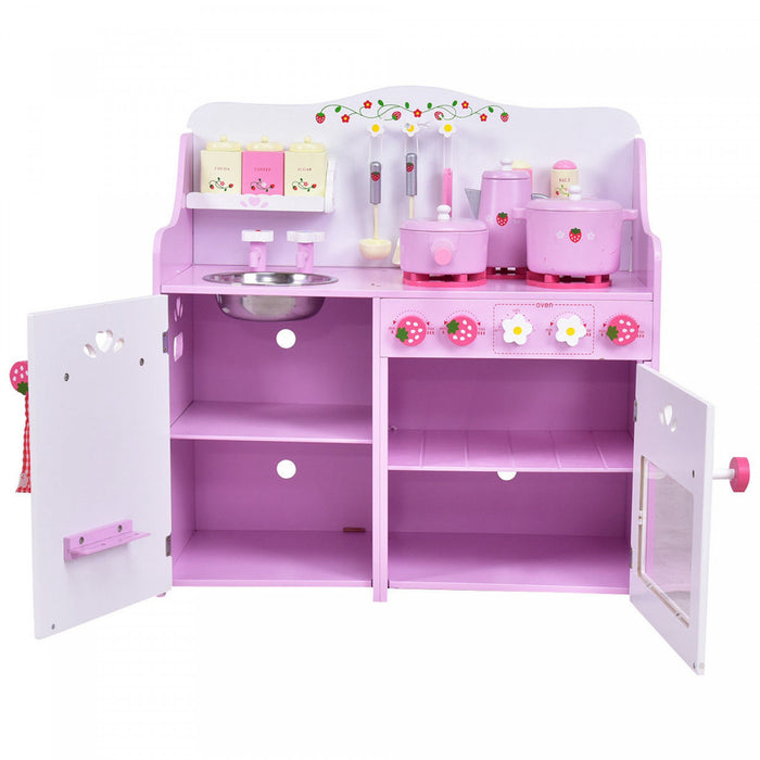 Costway Kids Wooden Play Set Kitchen Toy Strawberry Pretend Cooking Playset Toddler