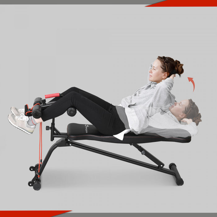 Soozier Foldable Sit Up Bench With Resistant Bands, Decline Slant Bench With 4 Adjustable Height, Reverse Crunch Handle, Strength Training Workout Bench
