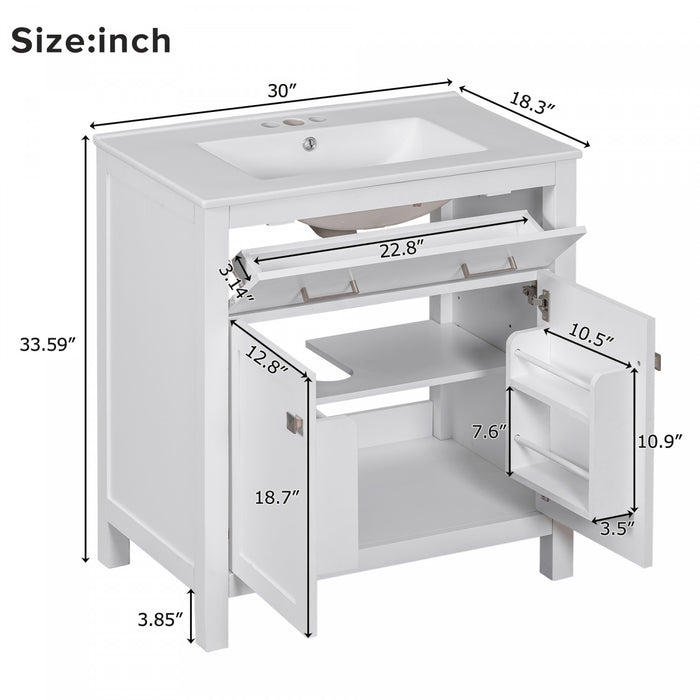 Baker 30 Inch Modern Bathroom Vanity with Ceramic Sink & Storage Cabinet, White