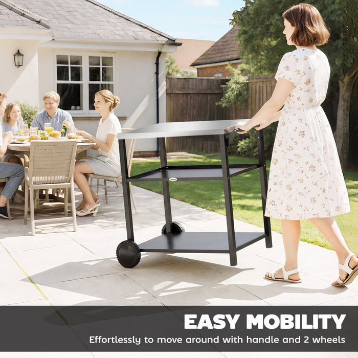 Outsunny Outdoor Grill Cart with Stainless Steel Tabletop for Kitchen Prep, Three-Tier Pizza Oven Stand, BBQ Stand and Movable BBQ Cart on Wheels, Black