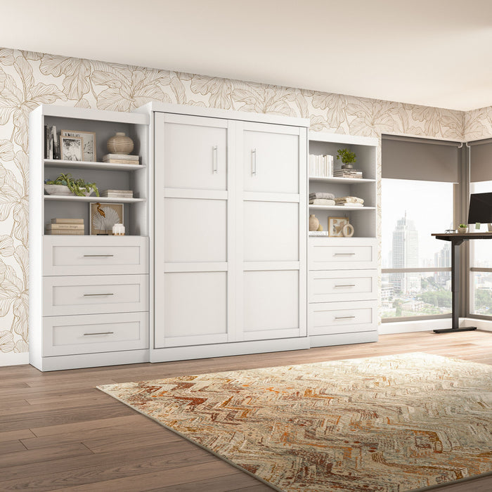 Bestar Pur Queen Murphy Bed and Two Shelving Units with Drawers (136 W) - White