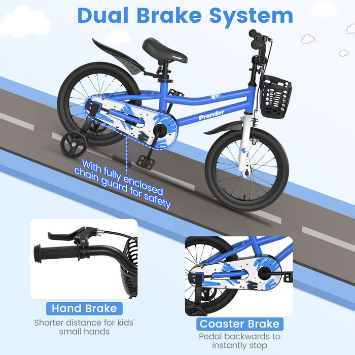 Costway 16\" Kid's Bike With Removable Training Wheels & Basket For 4-7 Years Old Blue