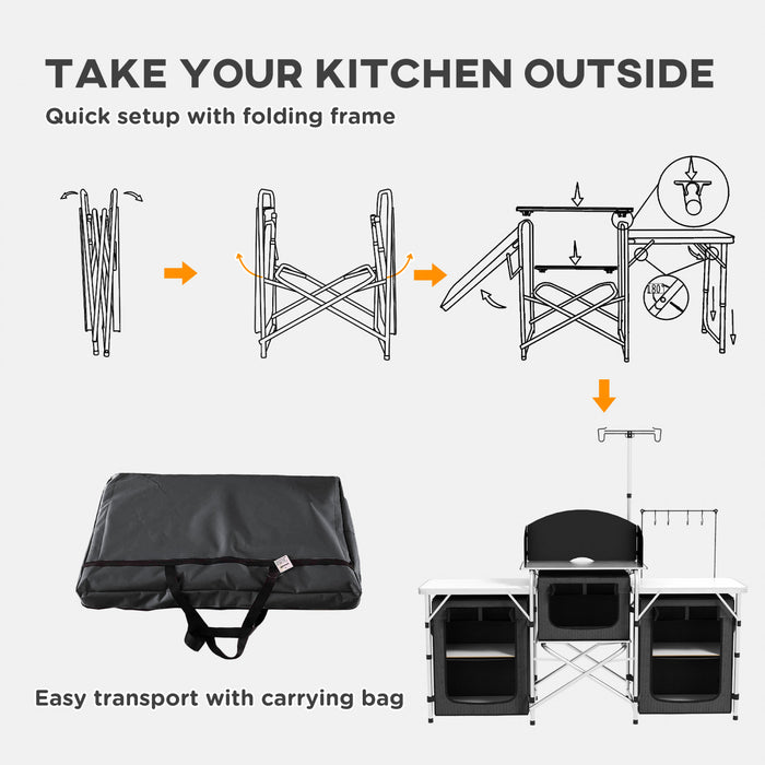 Outsunny Folding Camping Kitchen Table with Storage, Aluminum Portable Camping Table with 3 Fabric Cupboards, Windshield, Light Stand, Carrying Bag for BBQ, RV, Picnic, Black