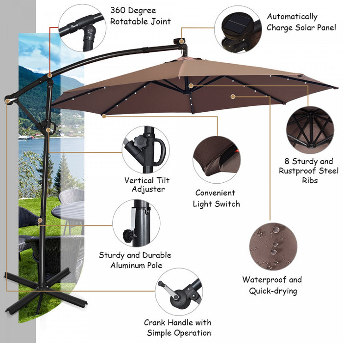Costway 10FT Patio Offset Umbrella Solar LED 360degrees Rotation Brown