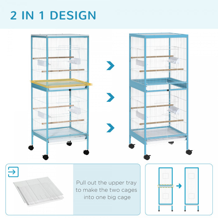 Pawhut 55.1\" 2 In 1 Bird Cage Aviary Parakeet House For Finches, Budgies With Wheels, Slide-out Trays, Wood Perch, Food Containers, Light Blue