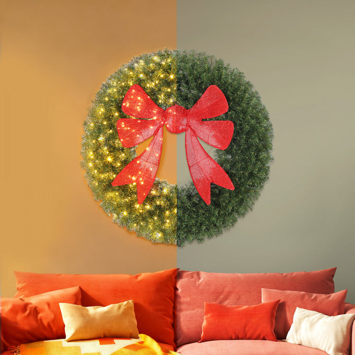 HOMCOM 36in Pre-Lit Christmas Wreath for Front Door with 3D Red Bow