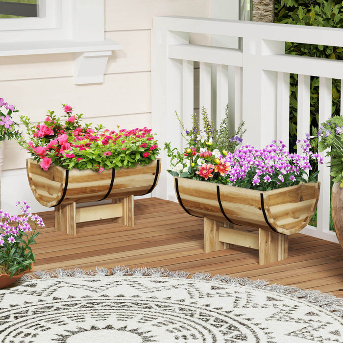 Costway 2 Pcs Outdoor Wooden Planter Solid Acacia Wood Half-barrel Planter Box With Legs
