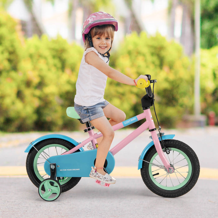 Costway 12\" Kids Bike With Adjustable Saddle Handlebar Removable Training Wheels Handbrake Pink