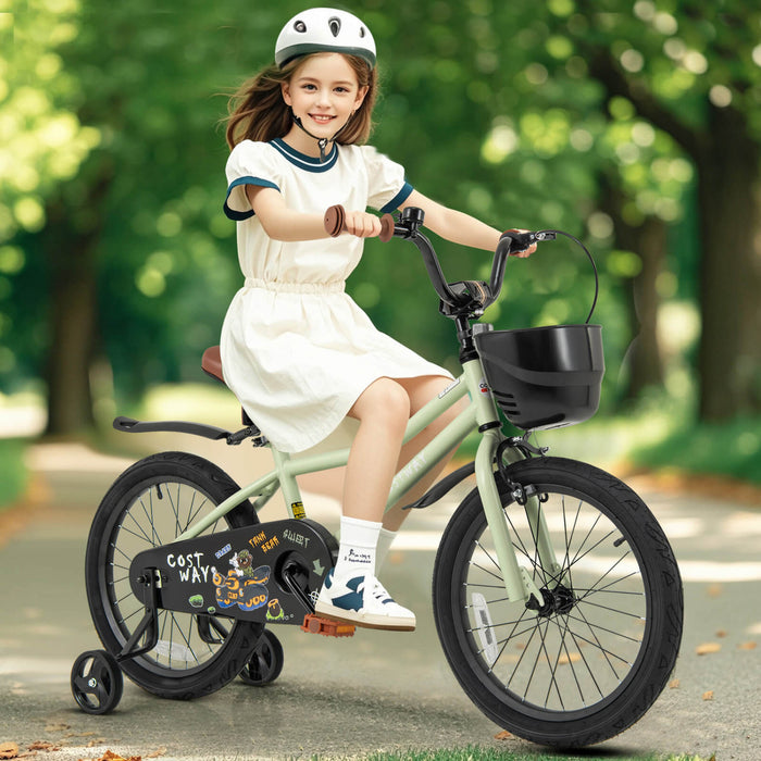 Costway 18\" Kid's Bike With Training Wheels Adjustable Handlebar & Seat Handbrake Green