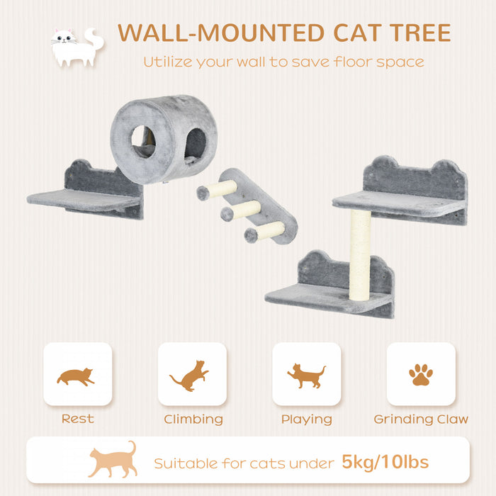 Pawhut 4 Pcs Cat Wall Shelves, Pet Wall-mounted Climbing Shelf Set, Kitten Activity Centre With Condo, Cushion, Scratching Post, Jumping Platform, Grey