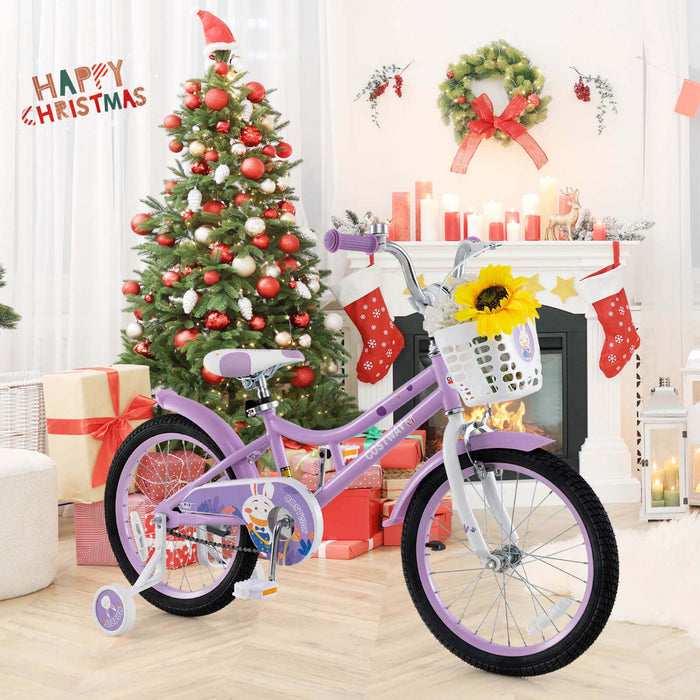 Costway 18\" Girl Bike With Basket Detachable Training Wheels Adjustable Seat Handbrake Coaster Brake Purple