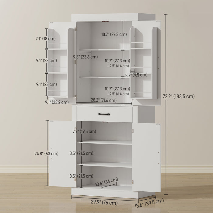 72\" Kitchen Pantry Cabinet, Kitchen Storage Cabinet with Barn Doors, White