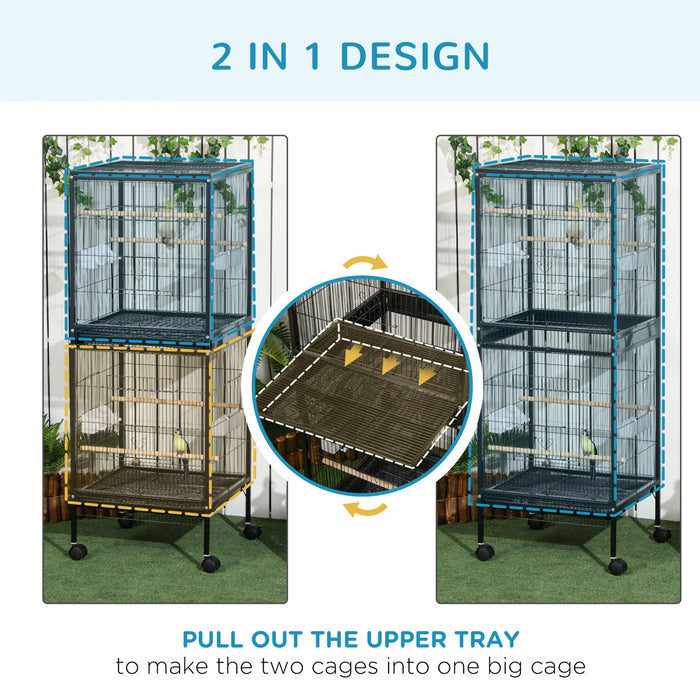 Pawhut 55.1\" 2 In 1 Bird Cage Aviary Parakeet House For Finches, Budgies With Wheels, Slide-out Trays, Wood Perch, Food Containers, Black