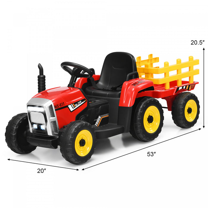 Costway 12v Kids Ride On Tractor With Trailer Ground Loader W/ Rc & Lights Red