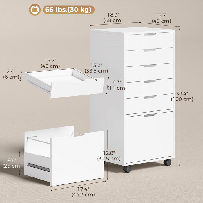 HOMCOM 6 Drawer Vertical File Cabinet with Lockable Wheels, White