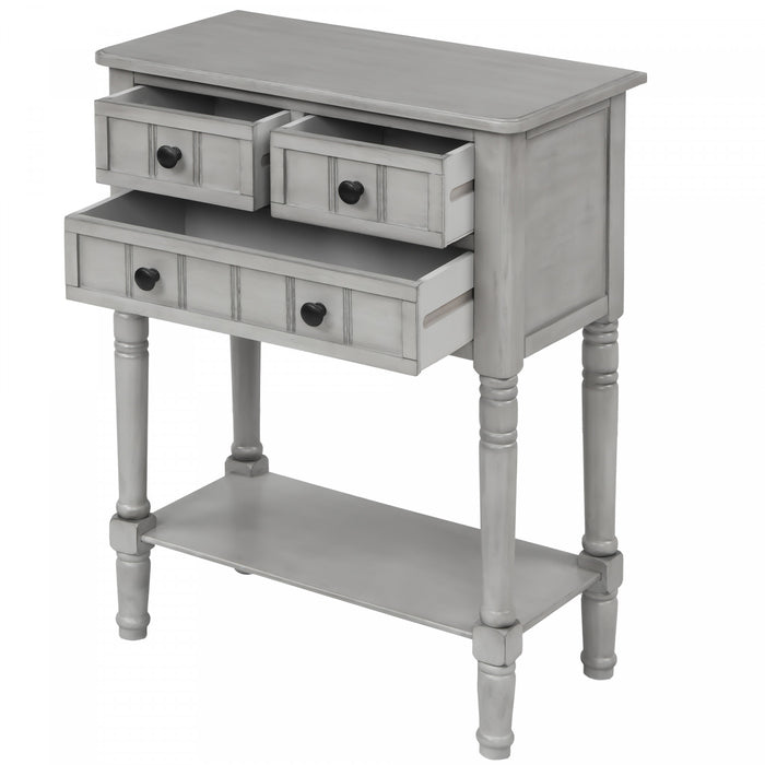 Olivia Solid Wood Console Table With Drawers And Bottom Shelf - Grey