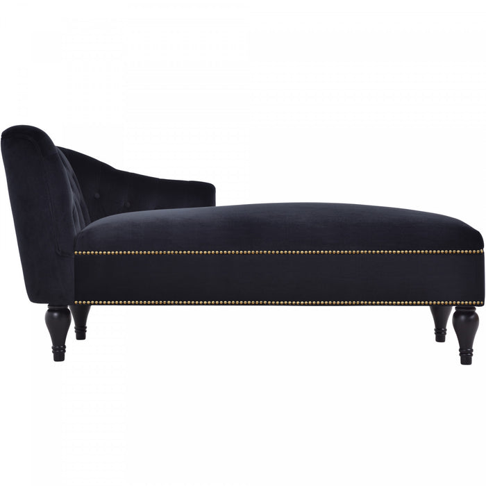 Serena Velvet Chaise Lounge with Button Tufting and Nailhead Trim, Black