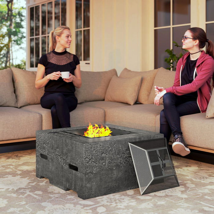 Outsunny Square Fire Pit With Fire Poker, Fireplace With Mesh Lid, Grey
