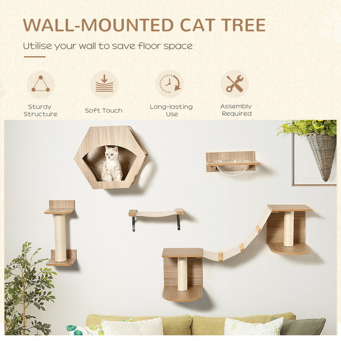 Pawhut Cat Tree 5pcs Pet Wall-mounted Climbing Frame Shelf Set Kitten Perch Activity Center With Hammock, Scratching Post, Jumping Platform, Condo Light Brown