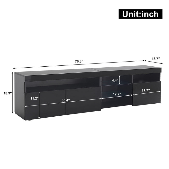 James 70.8\" Modern TV Cabinet with USB LED Lighting and High Gloss Front,Black Tv Stand