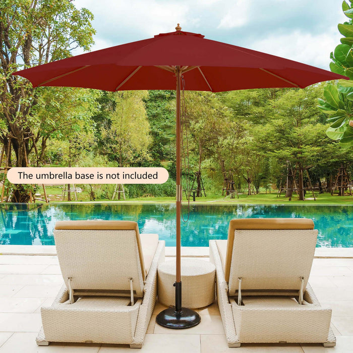 Costway 10FT Patio Wooden Market Table Umbrella Pulley with 8 Bamboo Ribs Sunshade Canopy Wine