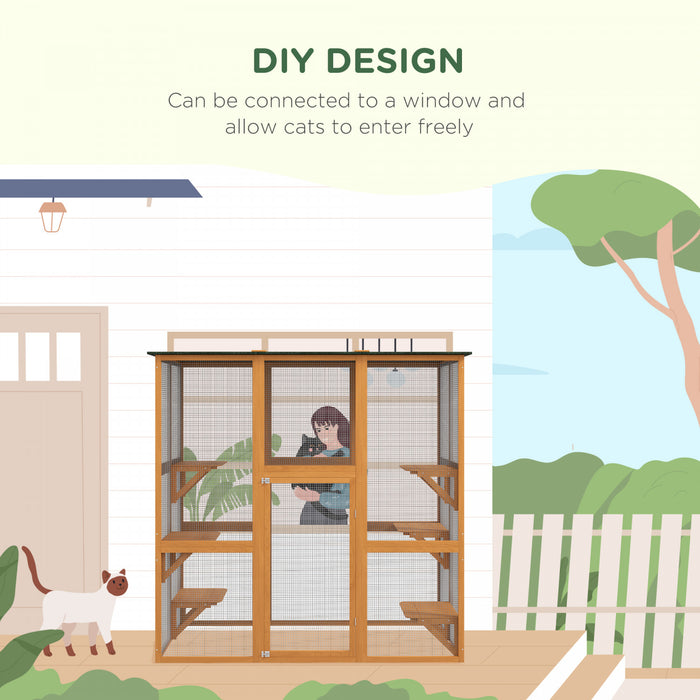 Pawhut Large Outdoor Catio Enclosure, Weatherproof Cat House With Asphalt Roof, Wooden Cat Patio Cage With 6 Balanced Platforms, 71\" X 39\" X 71\", Orange