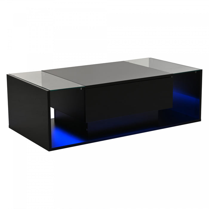 Gleam 39.3 Inch High-Gloss Coffee Table with LED Lights, Drawer and Glass Side Panels, Black