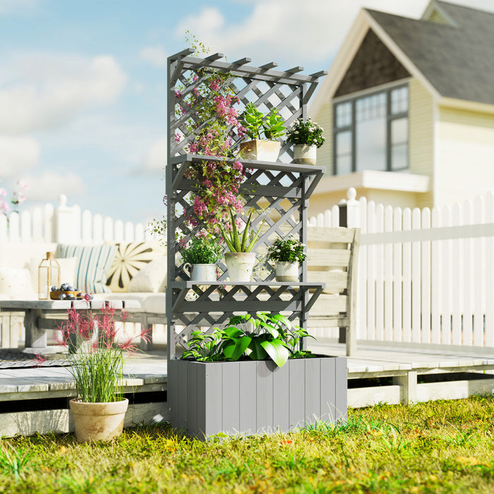 Outsunny Raised Garden Bed with Trellis and Plant Shelf, Grey
