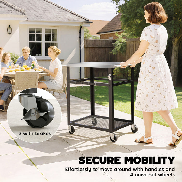 Outsunny Outdoor Grill Cart, Pizza Oven Stand with Stainless Steel Tabletop for Food Prep, 2-Tier Rolling Kitchen Prep Station with Hooks, Handle, Lockable Wheels, Black