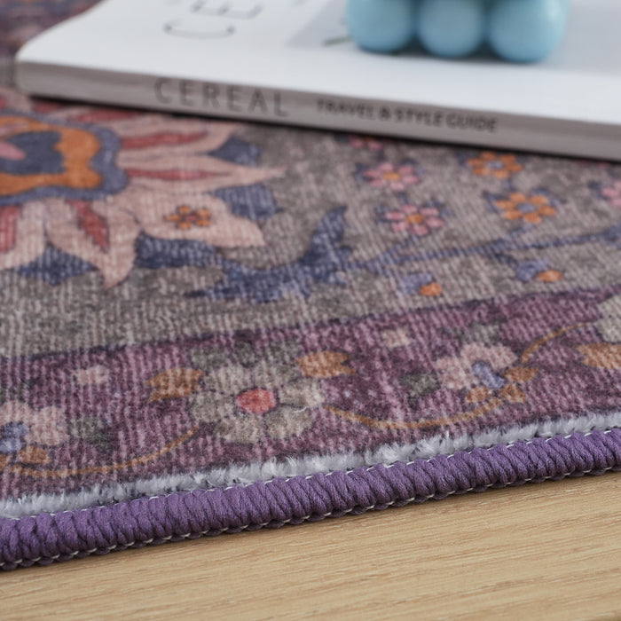 Aqua Brown Flora Washable Non-slip Low Pile Area Rug 5'x7'