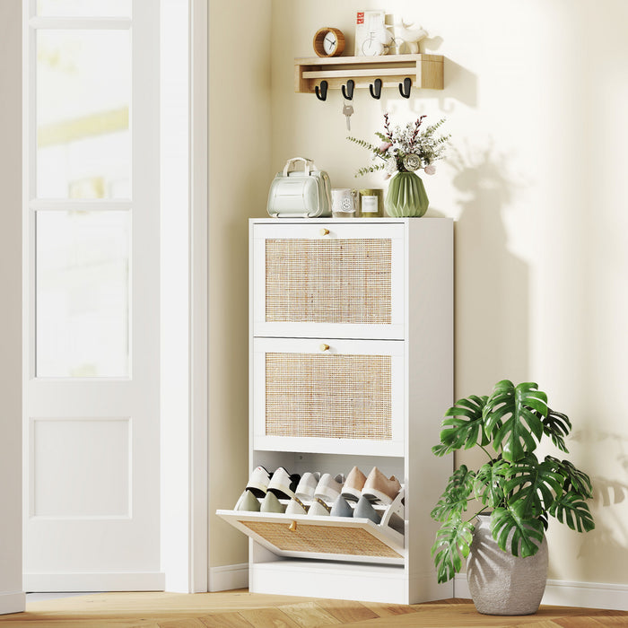 HOMCOM Rattan Shoe Storage Cabinet Organizer with 3 Flip Drawers