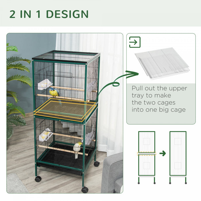 Pawhut 55.1\" 2 In 1 Bird Cage Aviary Parakeet House For Finches, Budgies With Wheels, Slide-out Trays, Wood Perch, Food Containers, Green