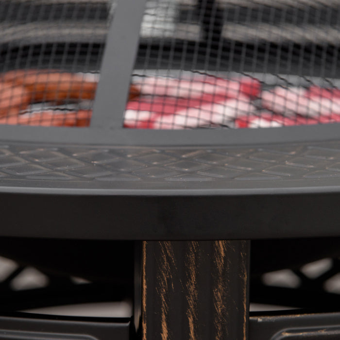 Outsunny Outdoor Fire Pit, Round Firepit With Grill Net, Mesh Lid, Bronze