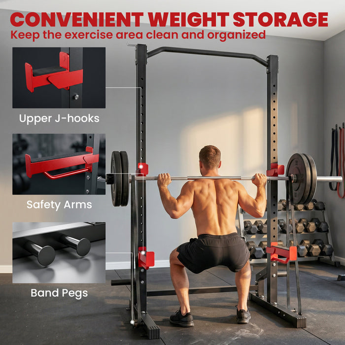 Soozier Power Cage Squat Rack, 1100LB Capacity Power Rack with Pull-Up Bar, Adjustable J-Hooks, Safety Arms, Weight Plate and Barbell Storage for Home Gym Strength Training