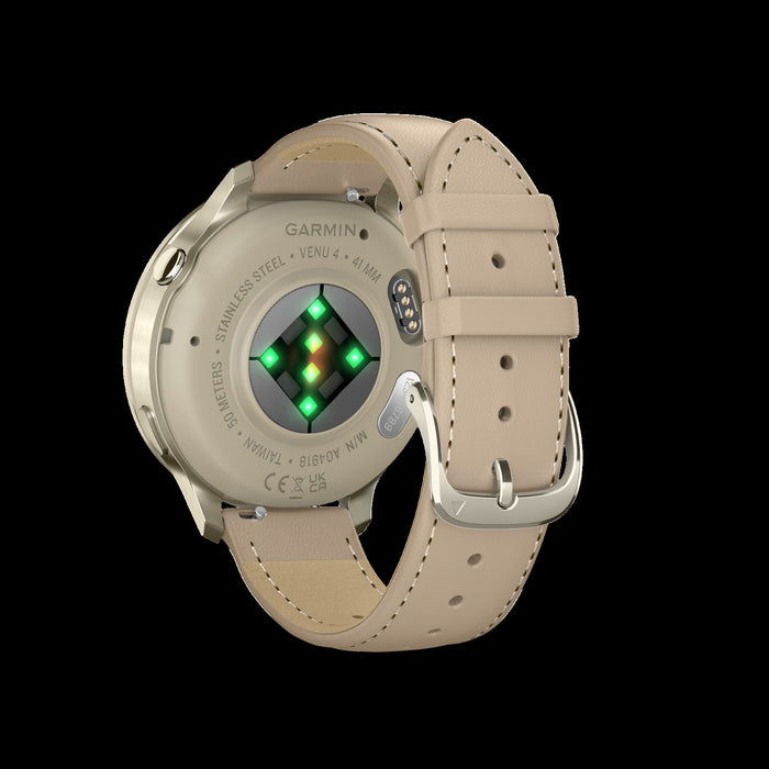 Garmin Venu 4 41mm Gold Leather Premium Smartwatch - Lifestyle Tracker, ECG App, Smart Wake Alarm, Evening Report, Triathlon Profiles, Wheelchair Mode