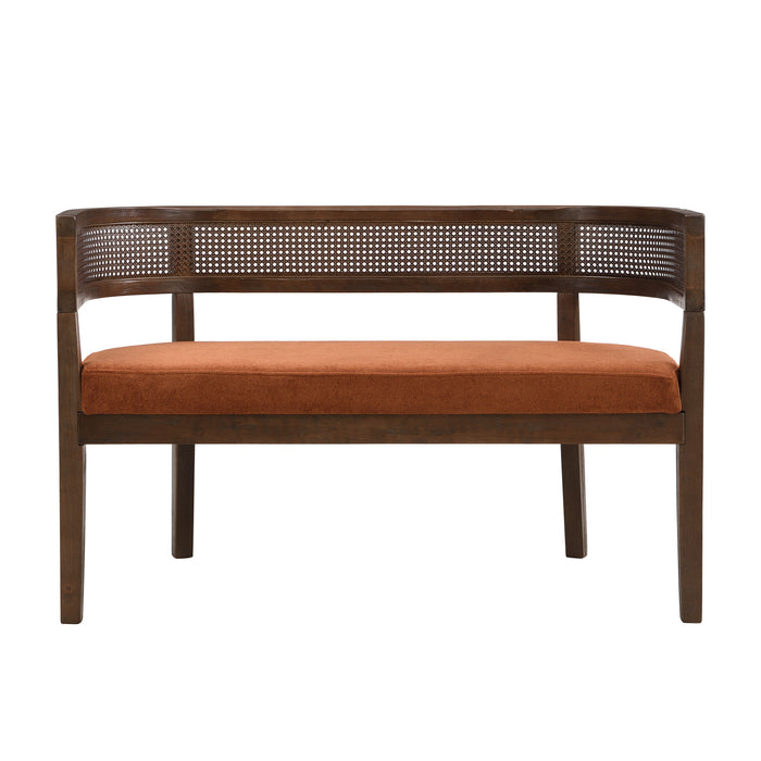 Rattan 47.5 Inch Rattan Upholstered Loveseat with Hand-Woven Backrest, Dark Orange, Walnut