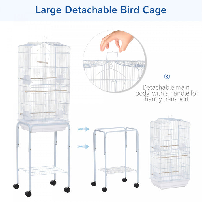 Pawhut 62\" Bird Cage Budgie Cage With Wheels, Detachable Stand, Storage, White