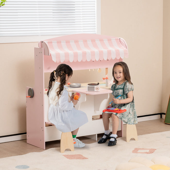 Costway 2 In 1 Kids Play Kitchen & Restaurant Double-sided Pretend Playset With Canopy