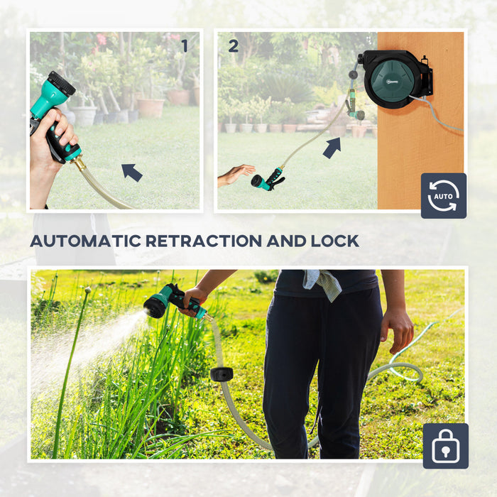 Outsunny Retractable Garden Hose Reel, 1/2 in x 100ft Wall Mounted Water Hose Reel with 7- Function Sprayer Nozzle, Auto Rewind, Any Length Lock, 180° Swivel Bracket, Black