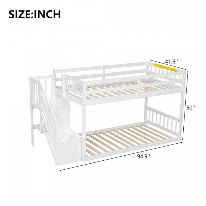 Liam Floor Bunk Bed with Ladder and Storage,Twin over Twin,White Twin Bed