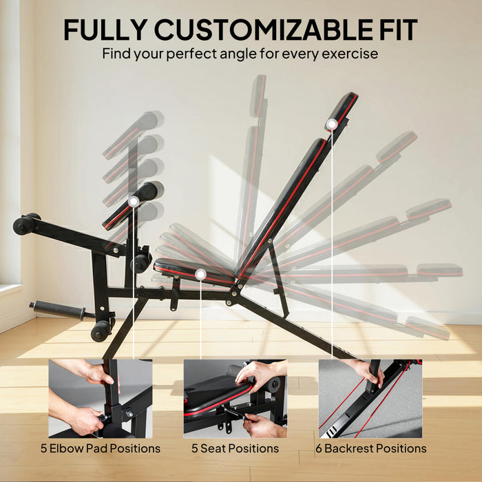 Soozier Adjustable Weight Bench with Wheels, 660LBS Workout Bench with Extended Headrest, Leg Extension, Preacher Curl Pad and Resistance Bands, Incline Flat for Home Gym