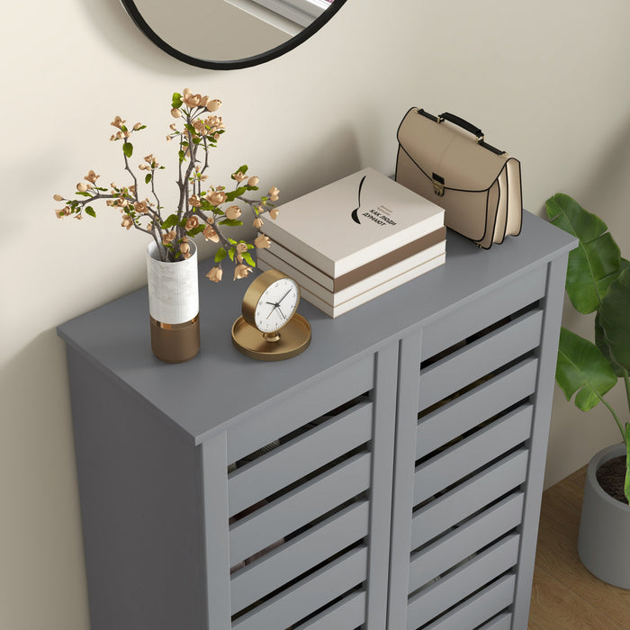 HOMCOM Slim Shoe Cabinet with 2 Slatted Doors for 15 Pairs of Shoes Grey