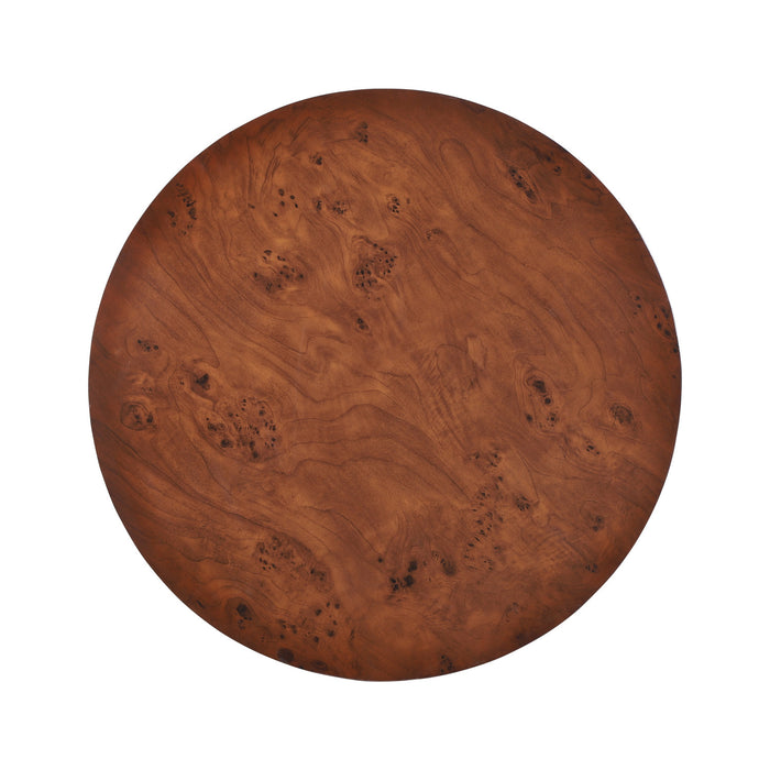 Sage 31.5 Inch Modern Round Burl Veneer Coffee Table with Drum Pedestal Base, Brown