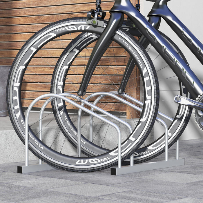 HOMCOM 2-Bike Adjustable Bike Rack, Steel Bike Stand, Ground Mount Garage Organizer for Indoor and Outdoor Use, Silver