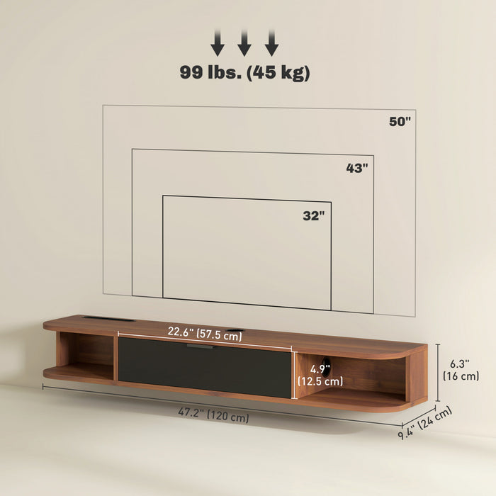 HOMCOM 47\" Floating TV Stand, Wall Mounted Media Console, Walnut
