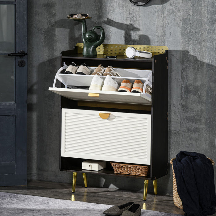 HOMCOM Modern Shoe Cabinet with Two Flip Drawers Bamboo Door White