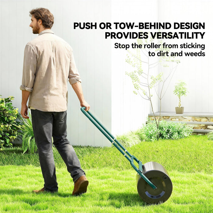 Outsunny 20\" Push/Tow Behind Lawn Roller, Heavy Duty Sod Drum Roller Filled with 11 Gal Water/136 Lbs Sand, Grass Flattener for Yard, Patio, Park, Green