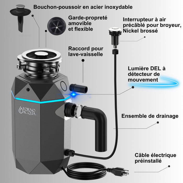 BrightDIAMOND 1HP Quietest Waste Disposer, LED Cabinet Light, Corded & Air Switch, Black Onxy - WDD100TA1BO Food Disposer