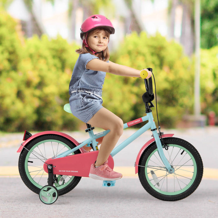 Costway 16\" Kids Bike With Adjustable Saddle Handlebar Removable Training Wheels Handbrake Red
