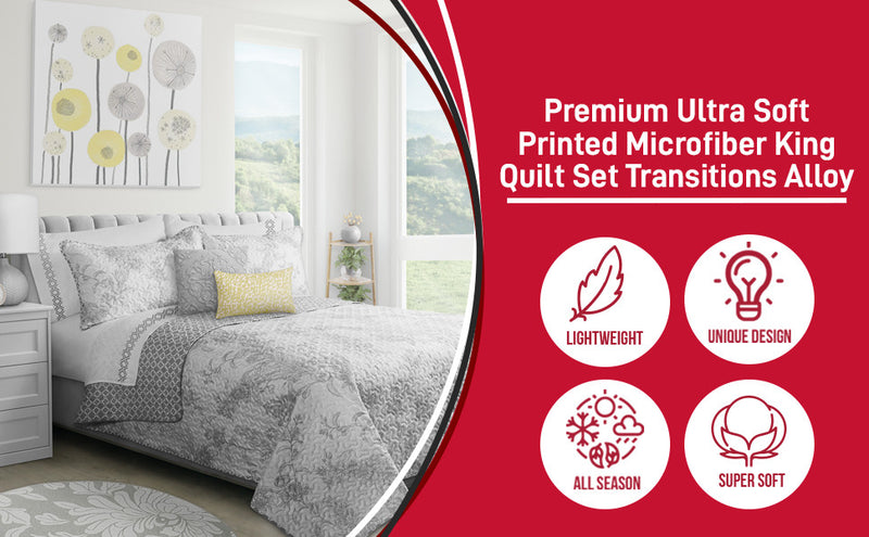 King Size 3-Piece Reversible Quilt Set - Grey and White Floral Botanical Print 